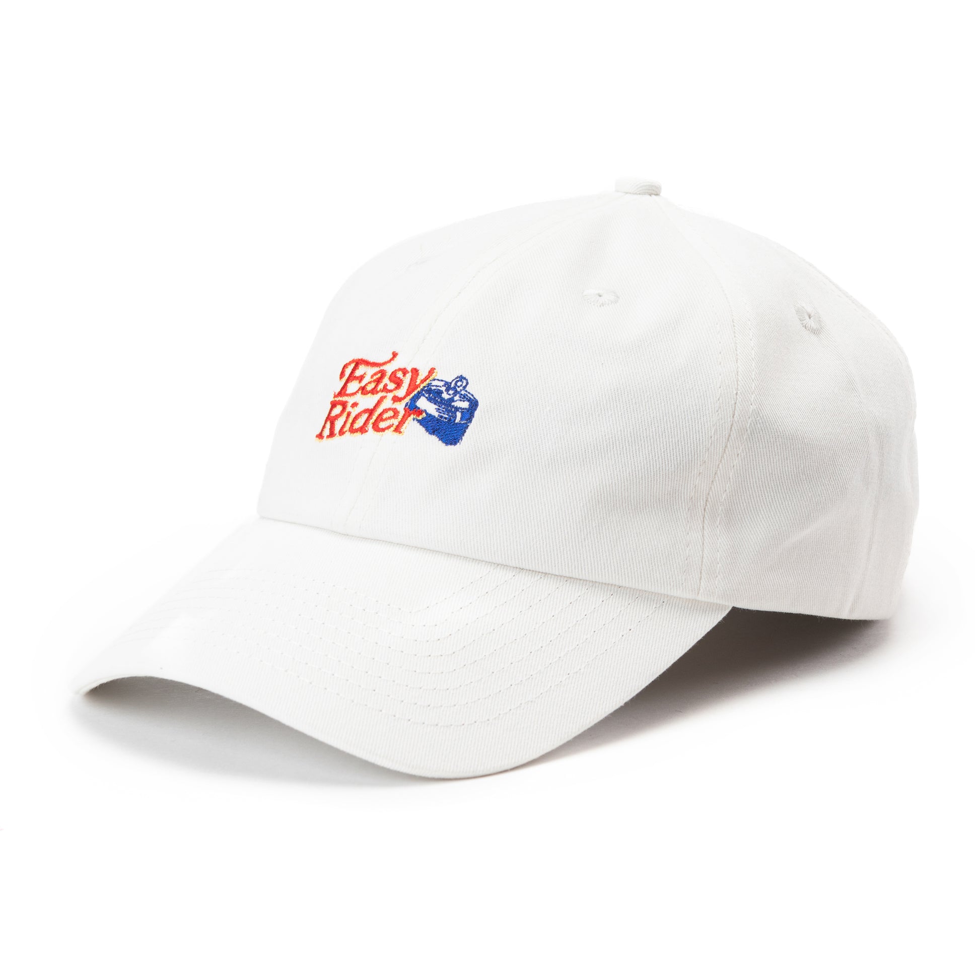 Side View of White "dad style" hat with embroidered Easy Rider logo in red and image of the top of open can in blue.