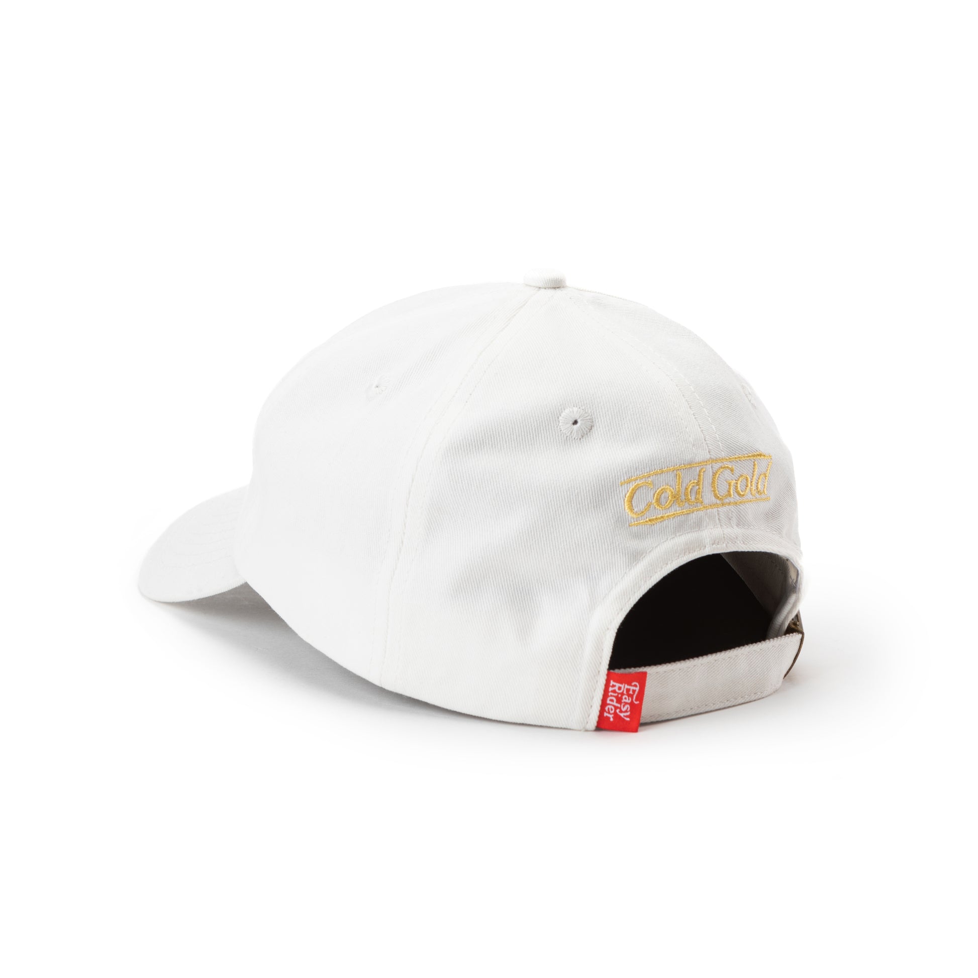 Back view of "dad style" white hat with gold adjustable clip, rad tag that reads; Easy Rider. Also embroidered phrase: Cold Gold in gold and framed with a line on top and bottom.