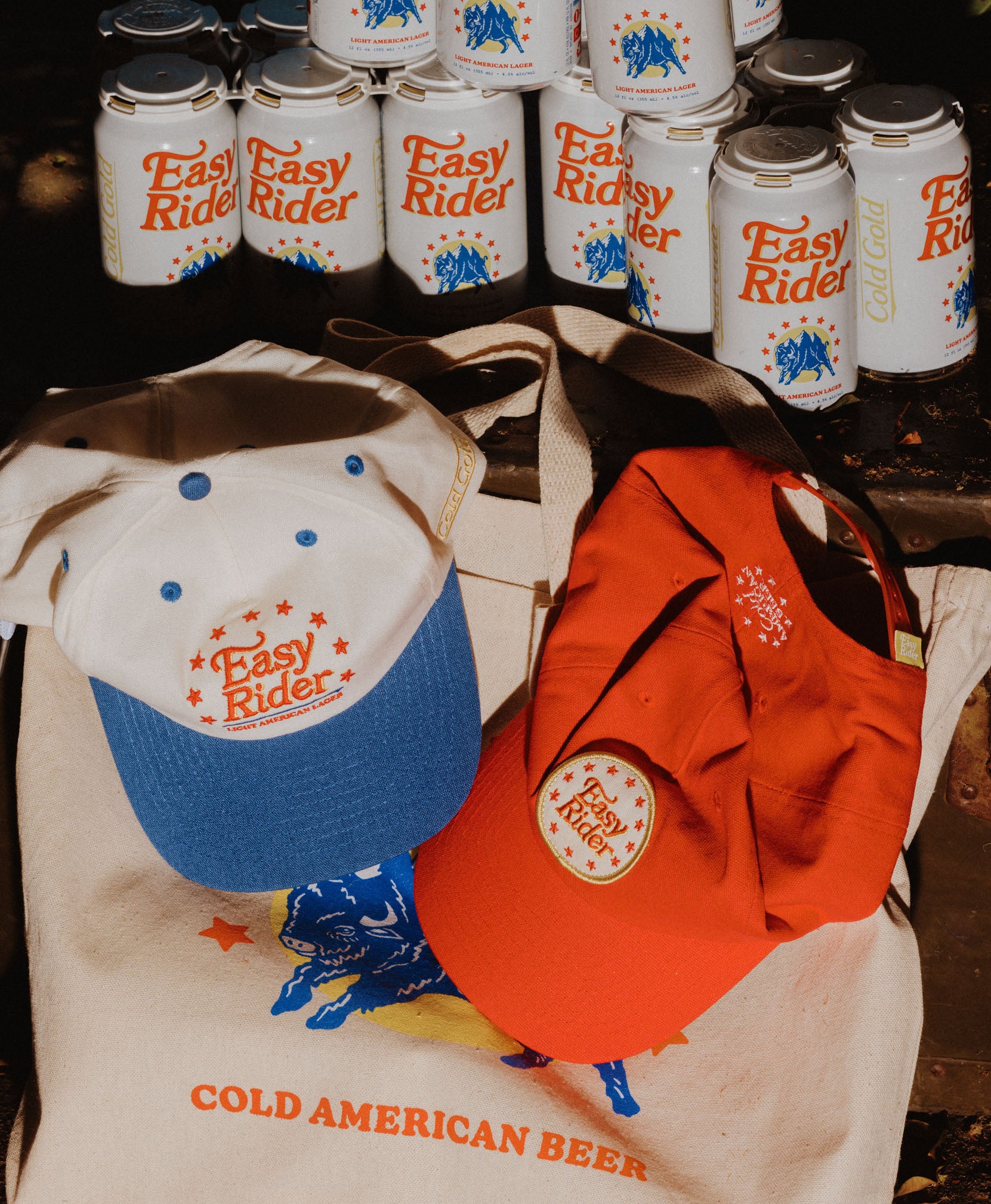Easy Rider hats, tote bags, and six-packs