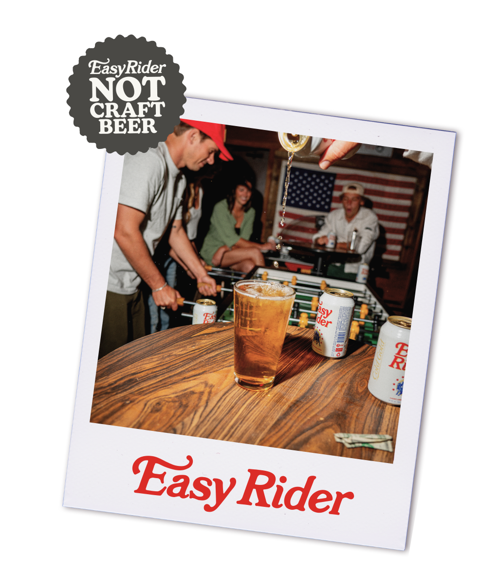 A polaroid showing an America-themed party and a sticker that says "Not Craft Beer."