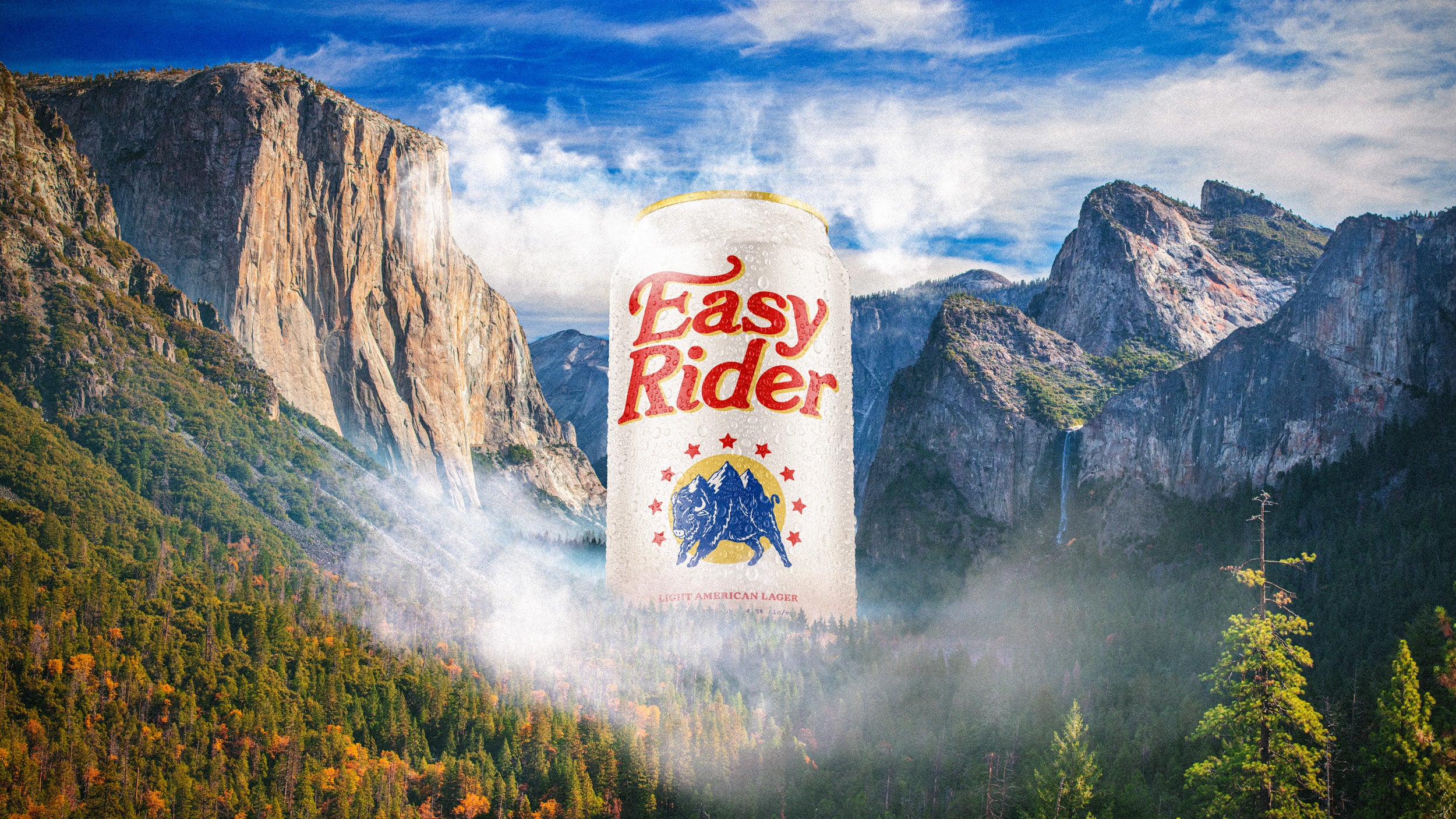 An illustrative giant can of Easy Rider beer in Yosemite Valley