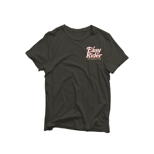 front view of black tee shirt with text on top left that reads Easy Rider Light American Lager
