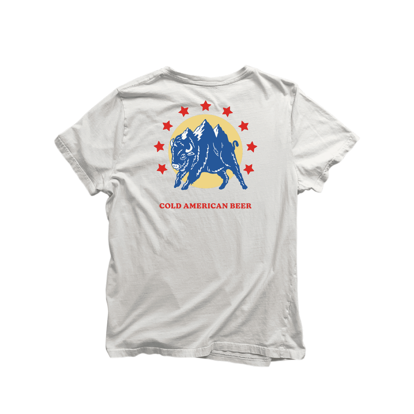 Back view of white tee shirt with red stars a buffalo with mountain ridges onand text that reads Cold American Beer
