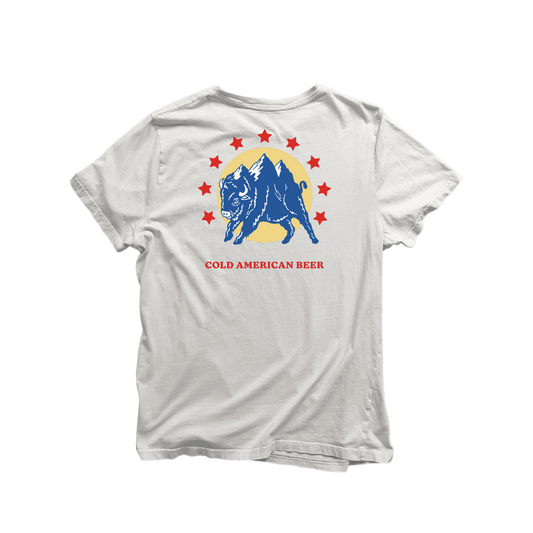 Back view of white tee shirt with red stars a buffalo with mountain ridges onand text that reads Cold American Beer