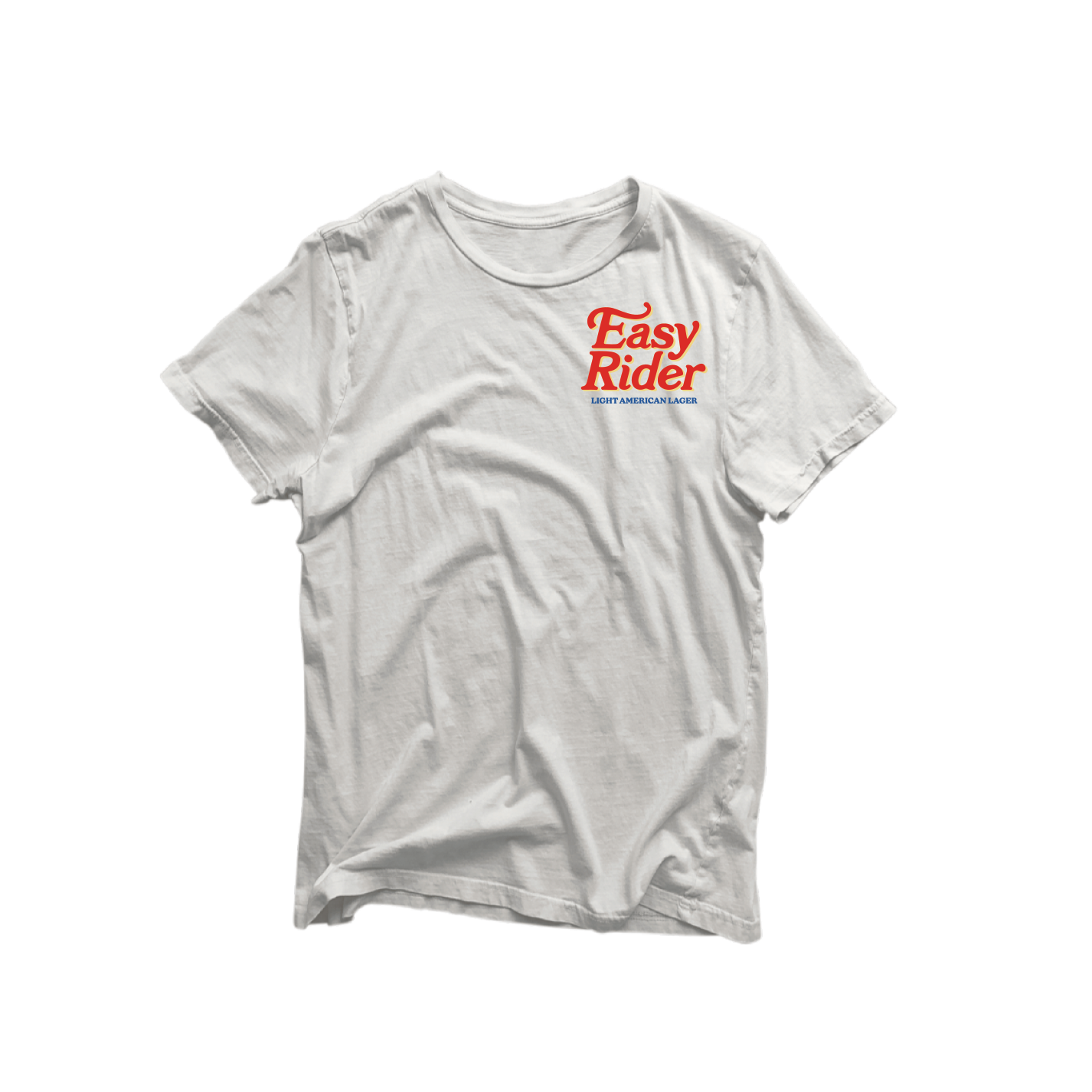 front view of white tee shirt with text on top left that reads Easy Rider Light American Lager