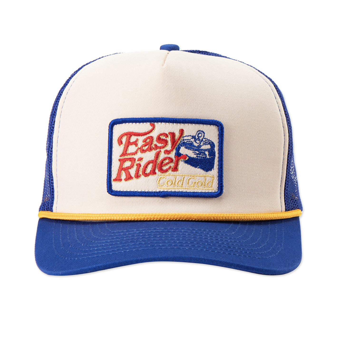 Front view of blue hat with white front panel and gold rope. Sewn in pactch with words that read easy rider cold gold and image of open can.