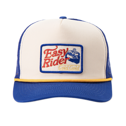 Front view of blue hat with white front panel and gold rope. Sewn in pactch with words that read easy rider cold gold and image of open can.