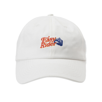 Front View of White "dad style" hat with embroidered Easy Rider logo in red and image of the top of open can in blue.
